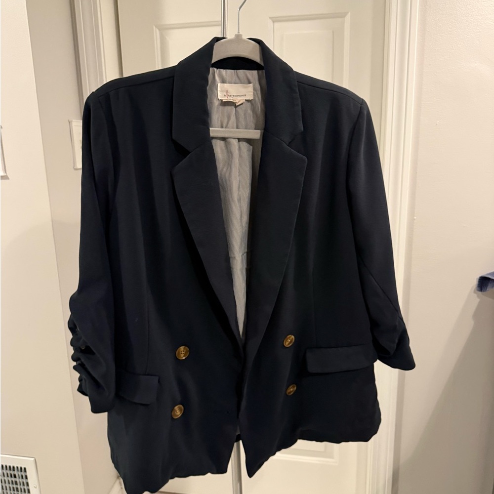 Anthropologie Double-Breasted Navy Blazer with Gold Buttons